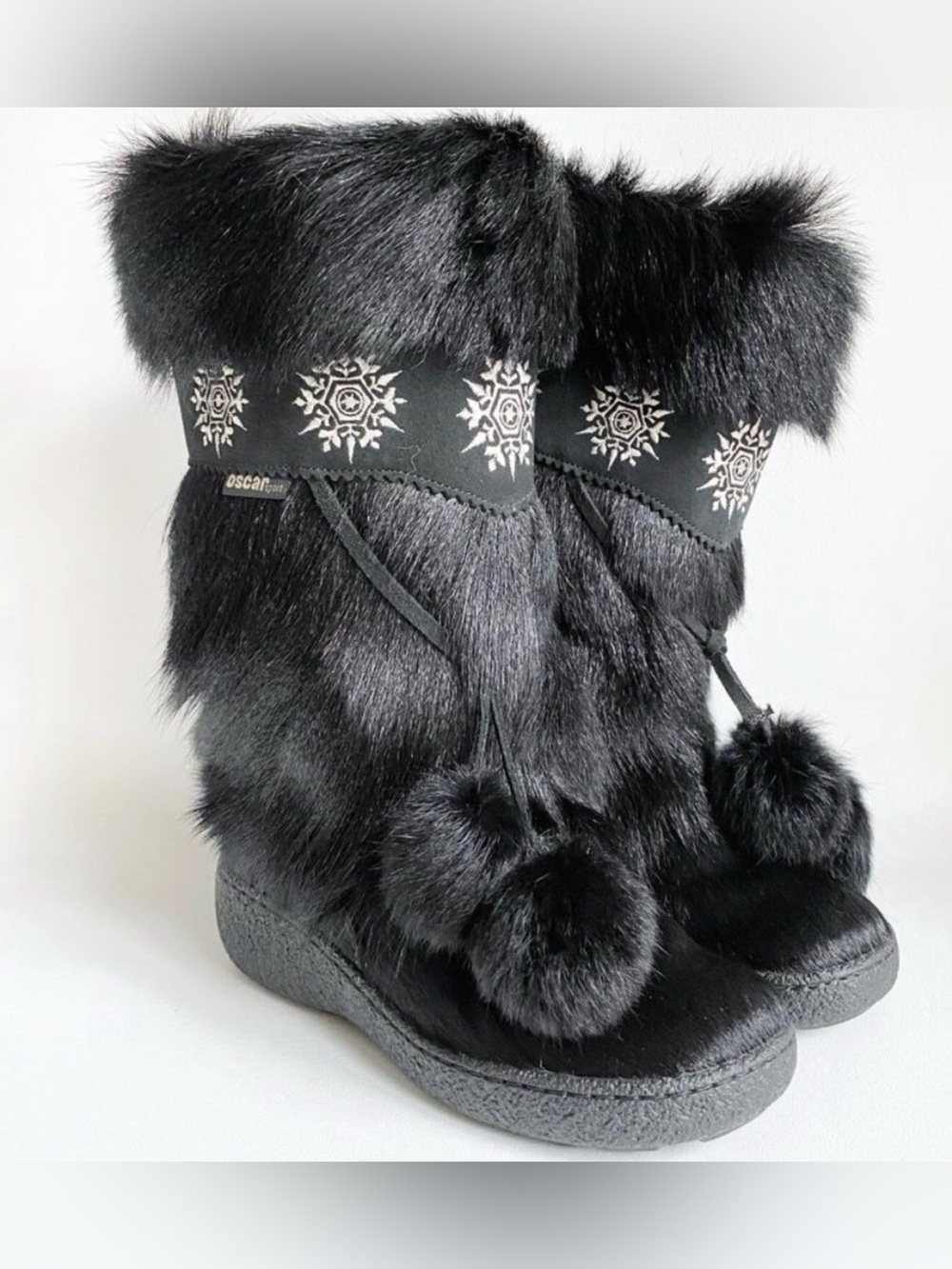 Vintage Oscar Sport Black Fur Apres Ski Boots Snowflake Detail Made in Italy